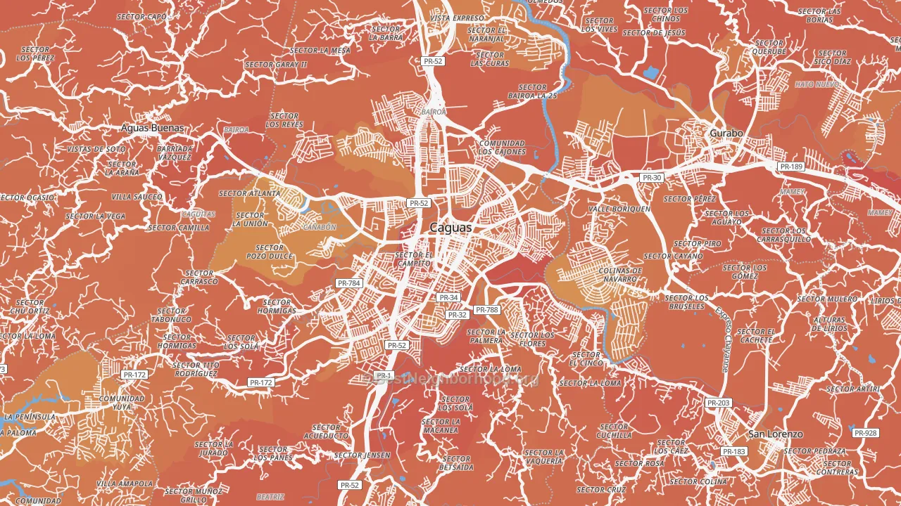 Map of the best neighborhoods in the 00725 area, with better matches in green and worse matches in red