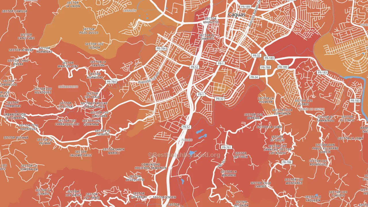 Map of the best neighborhoods in the 00726 area, with better matches in green and worse matches in red