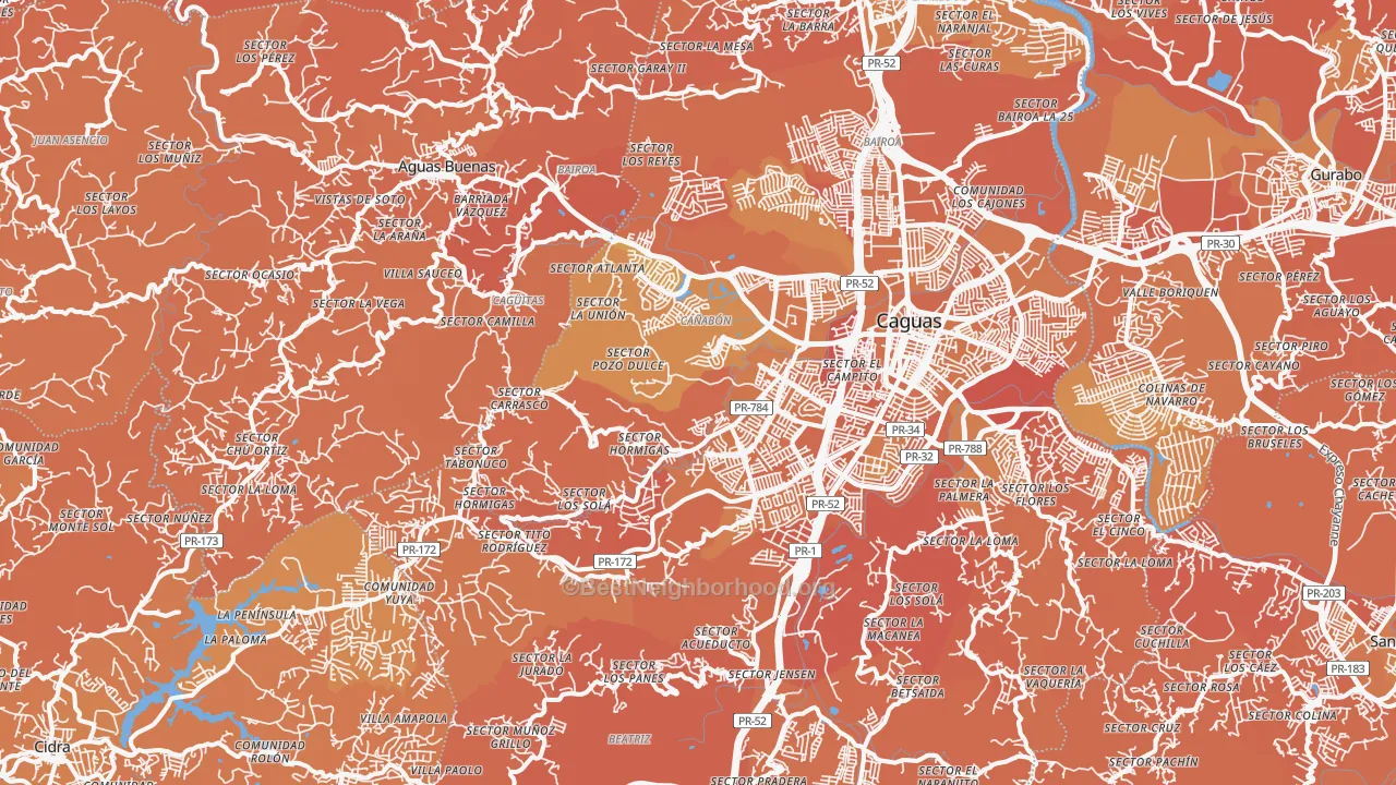 Map of the best neighborhoods in the 00727 area, with better matches in green and worse matches in red