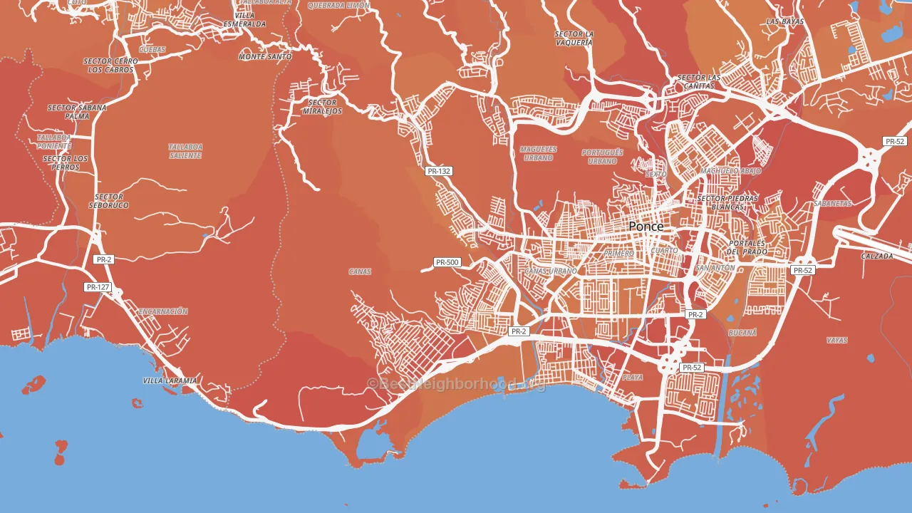 Map of the best neighborhoods in the 00728 area, with better matches in green and worse matches in red