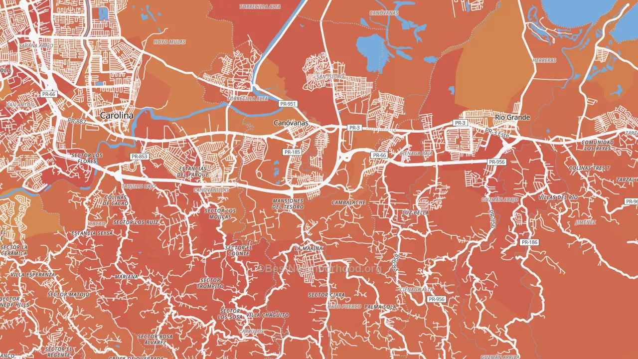 Map of the best neighborhoods in the 00729 area, with better matches in green and worse matches in red
