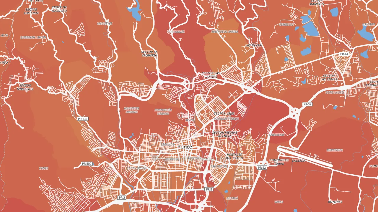 Map of the best neighborhoods in the 00730 area, with better matches in green and worse matches in red