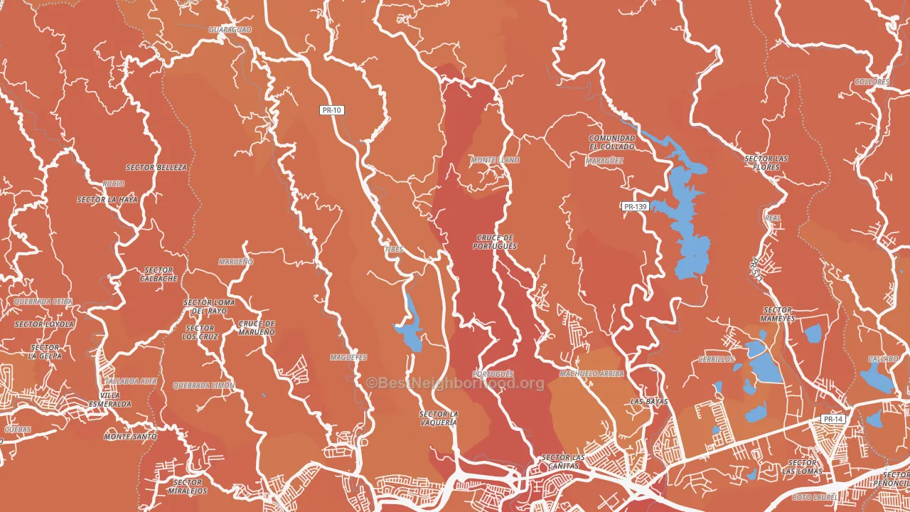 Map of the best neighborhoods in the 00731 area, with better matches in green and worse matches in red
