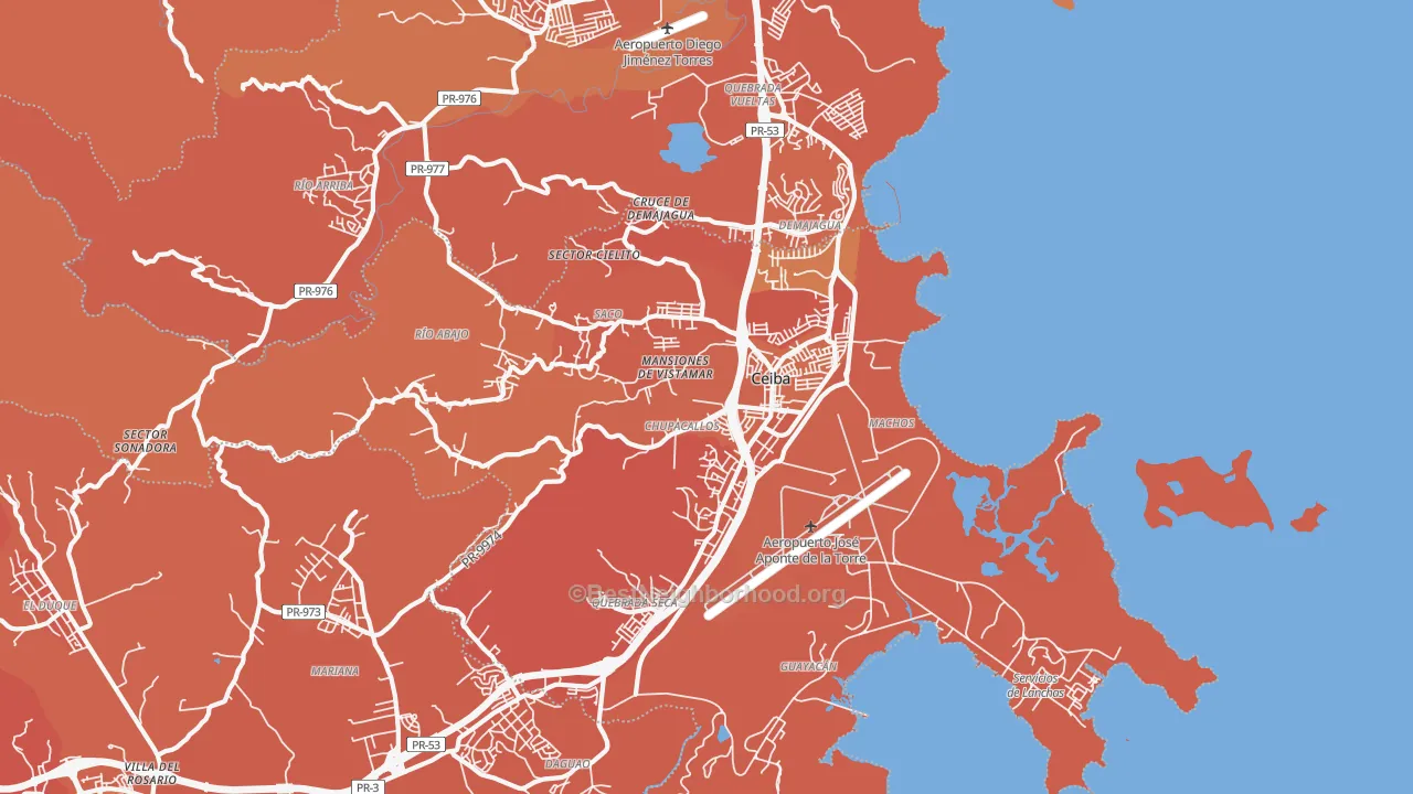 Map of the best neighborhoods in the 00735 area, with better matches in green and worse matches in red