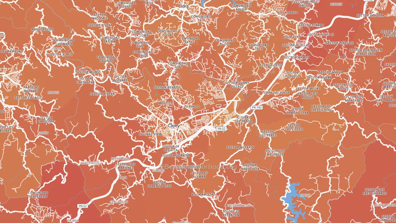Map of the best neighborhoods in the 00736 area, with better matches in green and worse matches in red