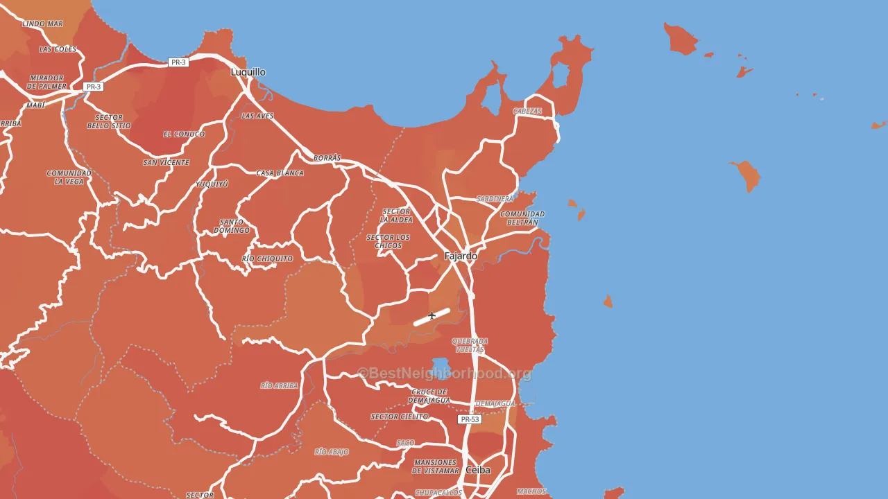 Map of the best neighborhoods in the 00738 area, with better matches in green and worse matches in red