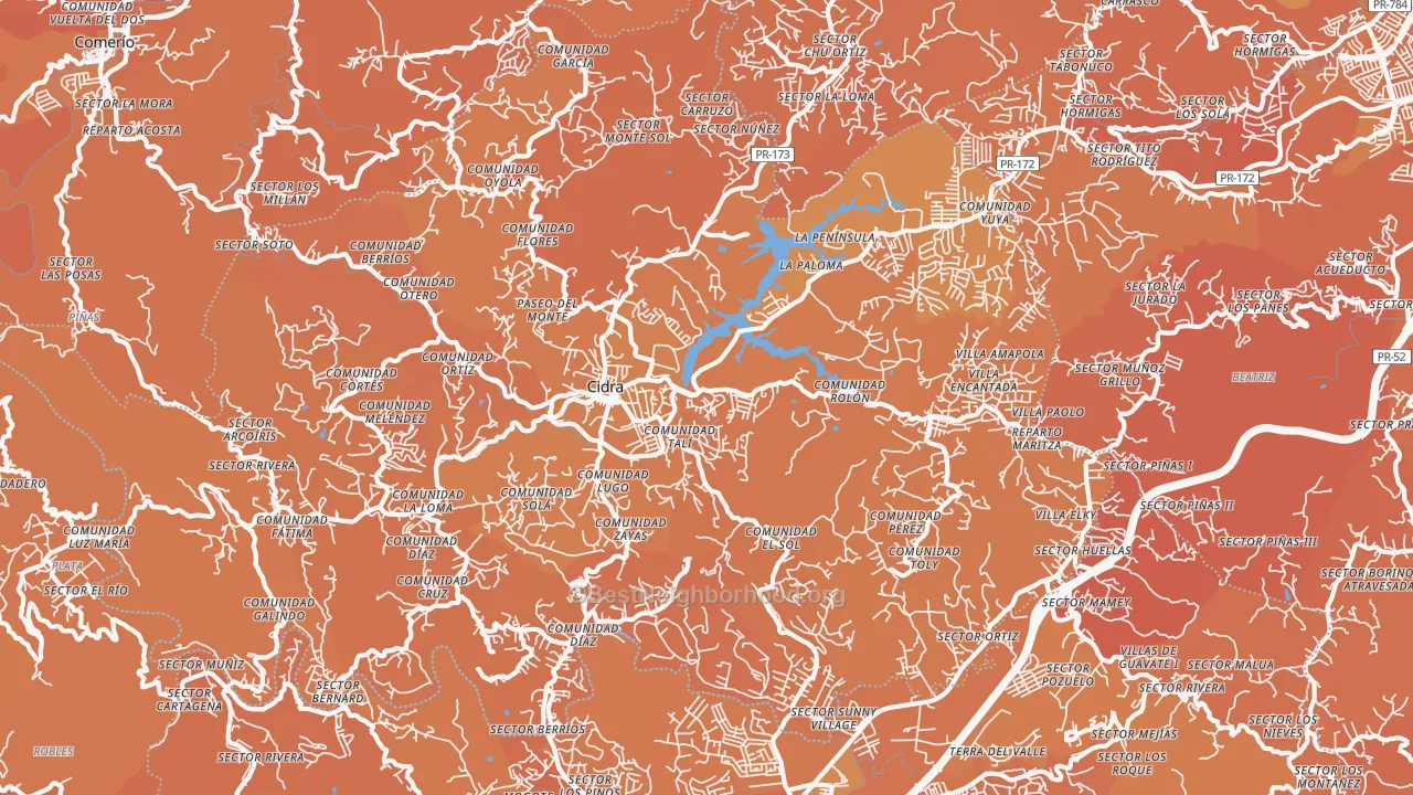 Map of the best neighborhoods in the 00739 area, with better matches in green and worse matches in red