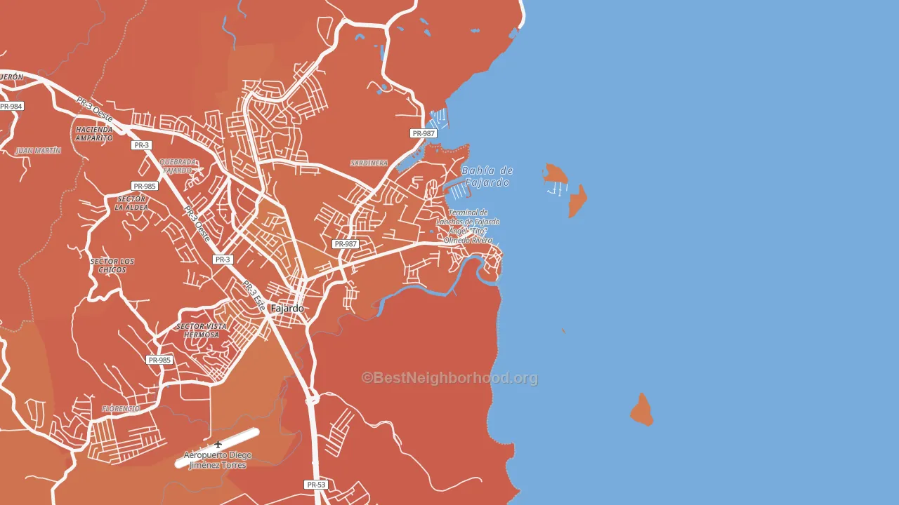 Map of the best neighborhoods in the 00740 area, with better matches in green and worse matches in red