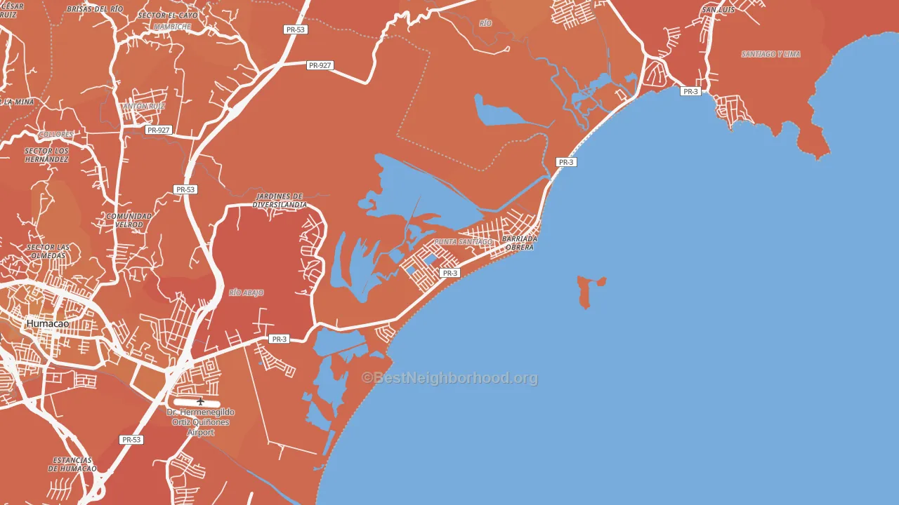 Map of the best neighborhoods in the 00741 area, with better matches in green and worse matches in red