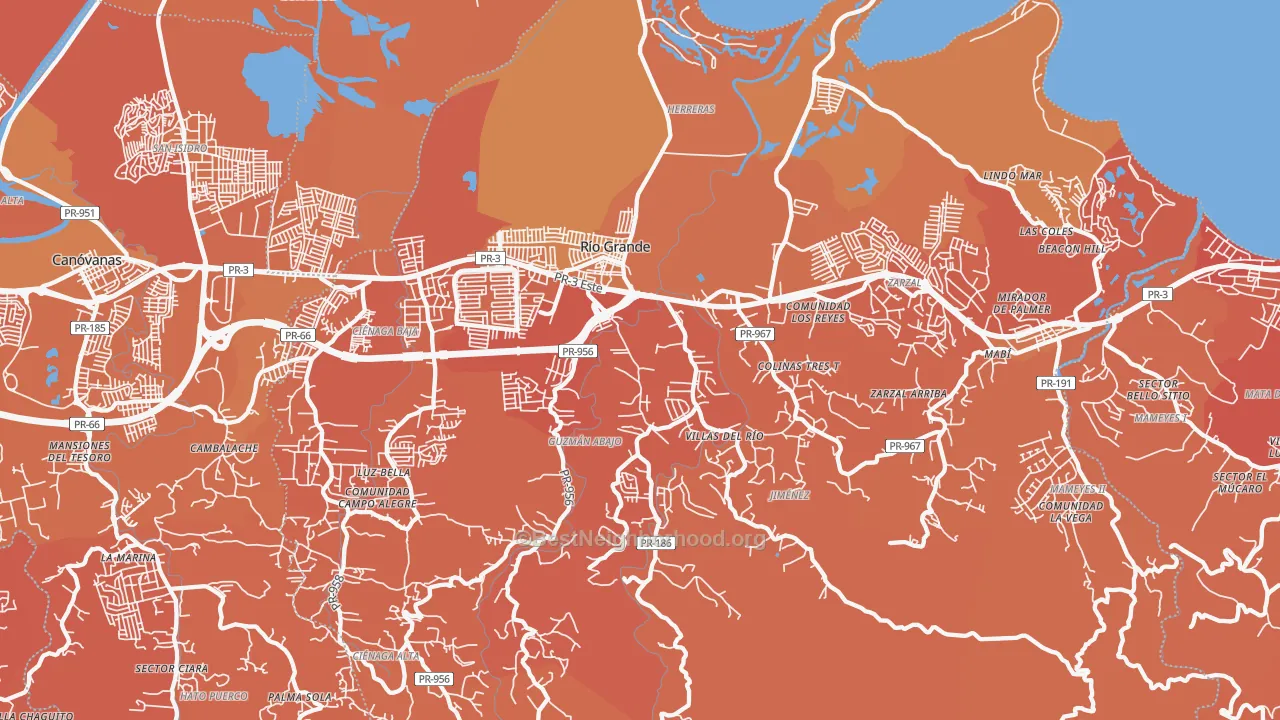 Map of the best neighborhoods in the 00745 area, with better matches in green and worse matches in red