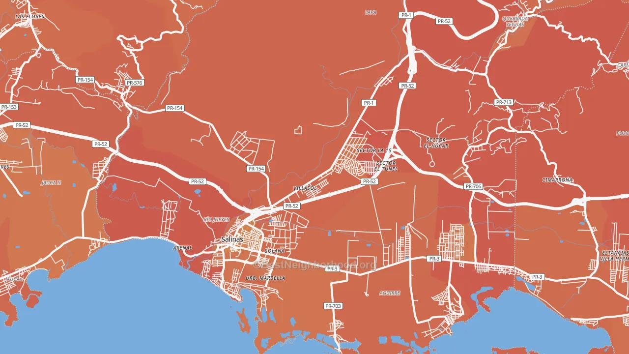 Map of the best neighborhoods in the 00751 area, with better matches in green and worse matches in red