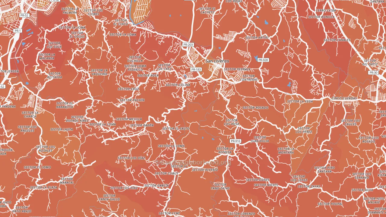 Map of the best neighborhoods in the 00754 area, with better matches in green and worse matches in red