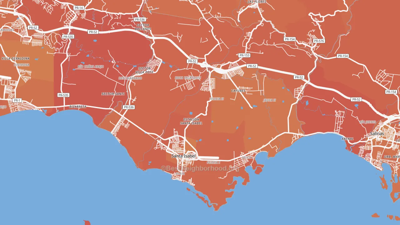 Map of the best neighborhoods in the 00757 area, with better matches in green and worse matches in red