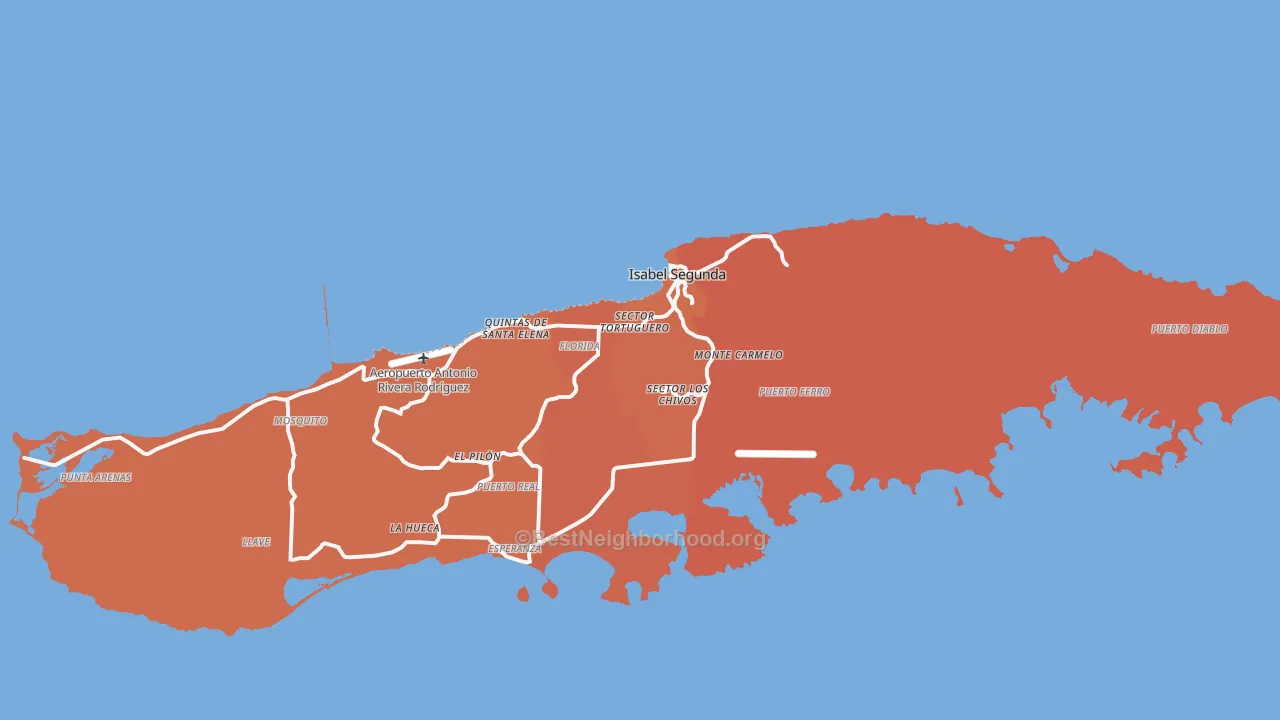 Map of the best neighborhoods in the 00765 area, with better matches in green and worse matches in red