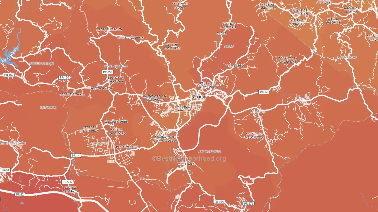 Map of the best neighborhoods in the 00769 area, with better matches in green and worse matches in red
