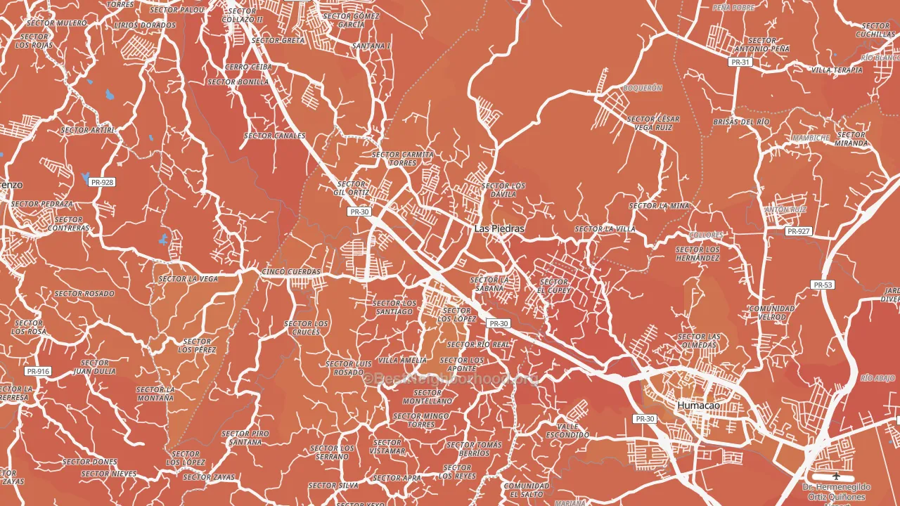 Map of the best neighborhoods in the 00771 area, with better matches in green and worse matches in red