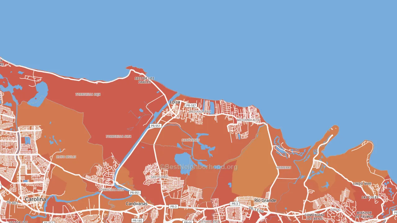 Map of the best neighborhoods in the 00772 area, with better matches in green and worse matches in red