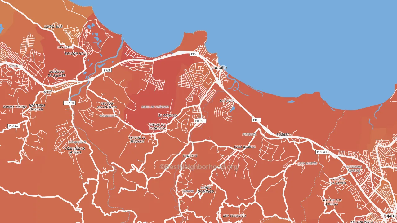 Map of the best neighborhoods in the 00773 area, with better matches in green and worse matches in red
