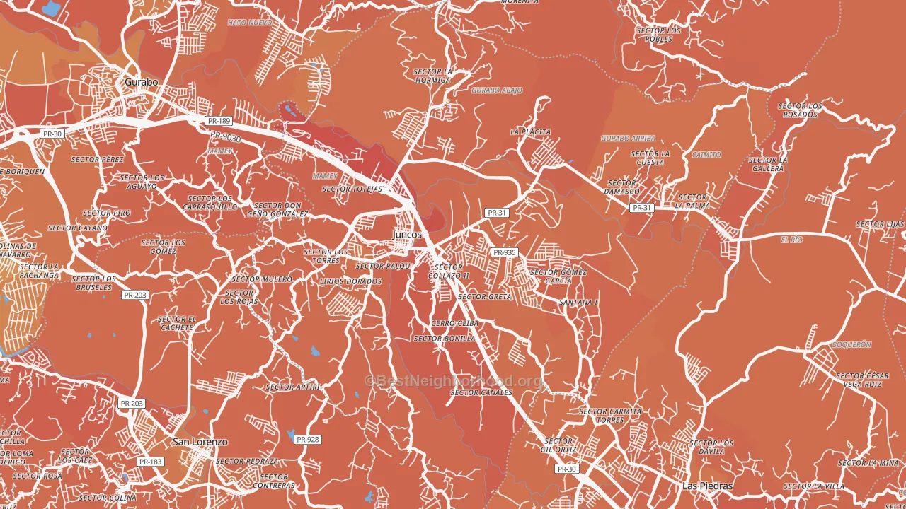 Map of the best neighborhoods in the 00777 area, with better matches in green and worse matches in red