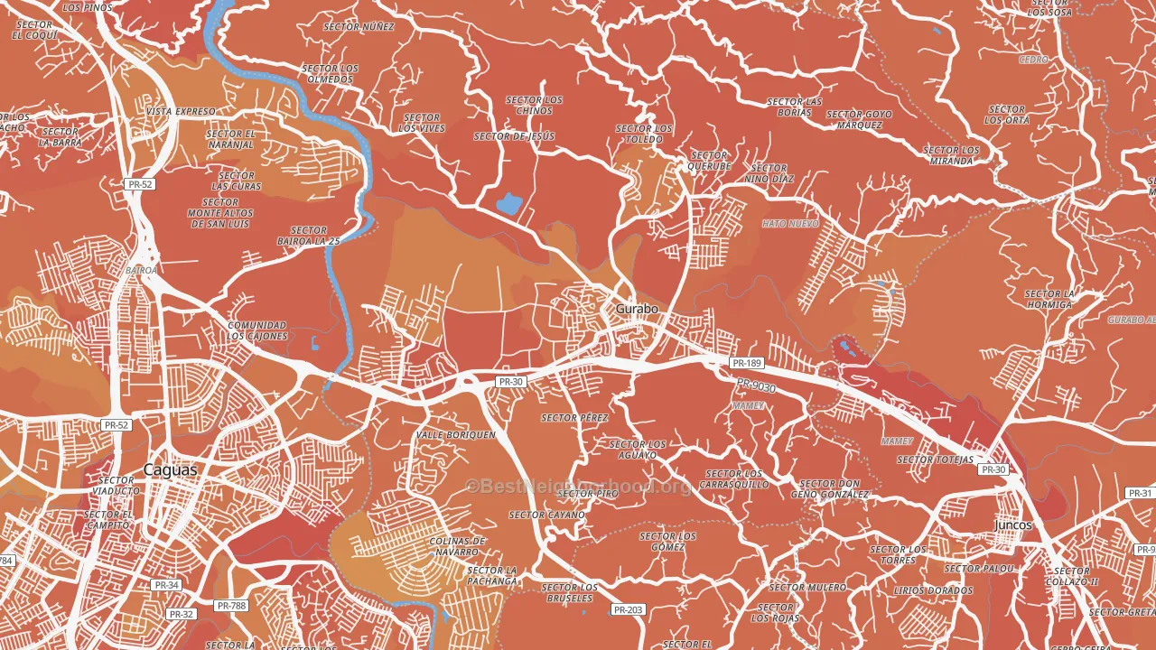 Map of the best neighborhoods in the 00778 area, with better matches in green and worse matches in red