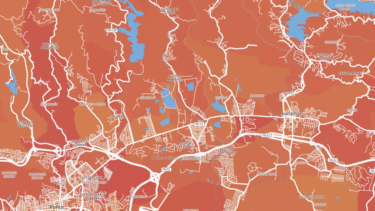Map of the best neighborhoods in the 00780 area, with better matches in green and worse matches in red