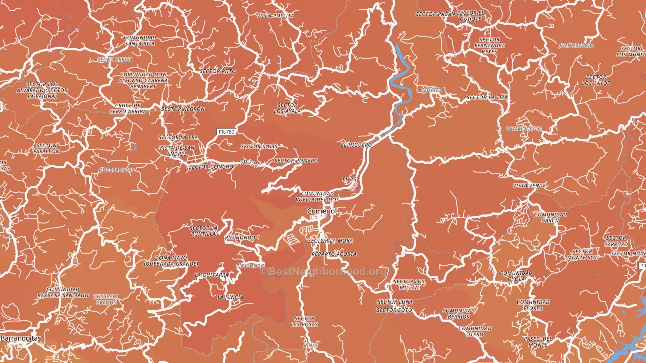 Map of the best neighborhoods in the 00782 area, with better matches in green and worse matches in red