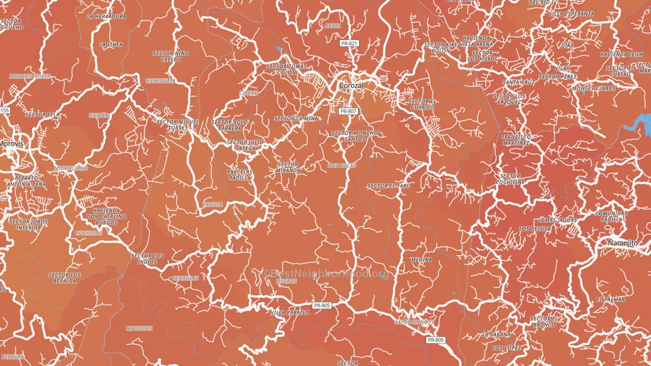 Map of the best neighborhoods in the 00783 area, with better matches in green and worse matches in red