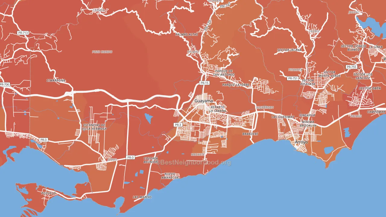 Map of the best neighborhoods in the 00784 area, with better matches in green and worse matches in red