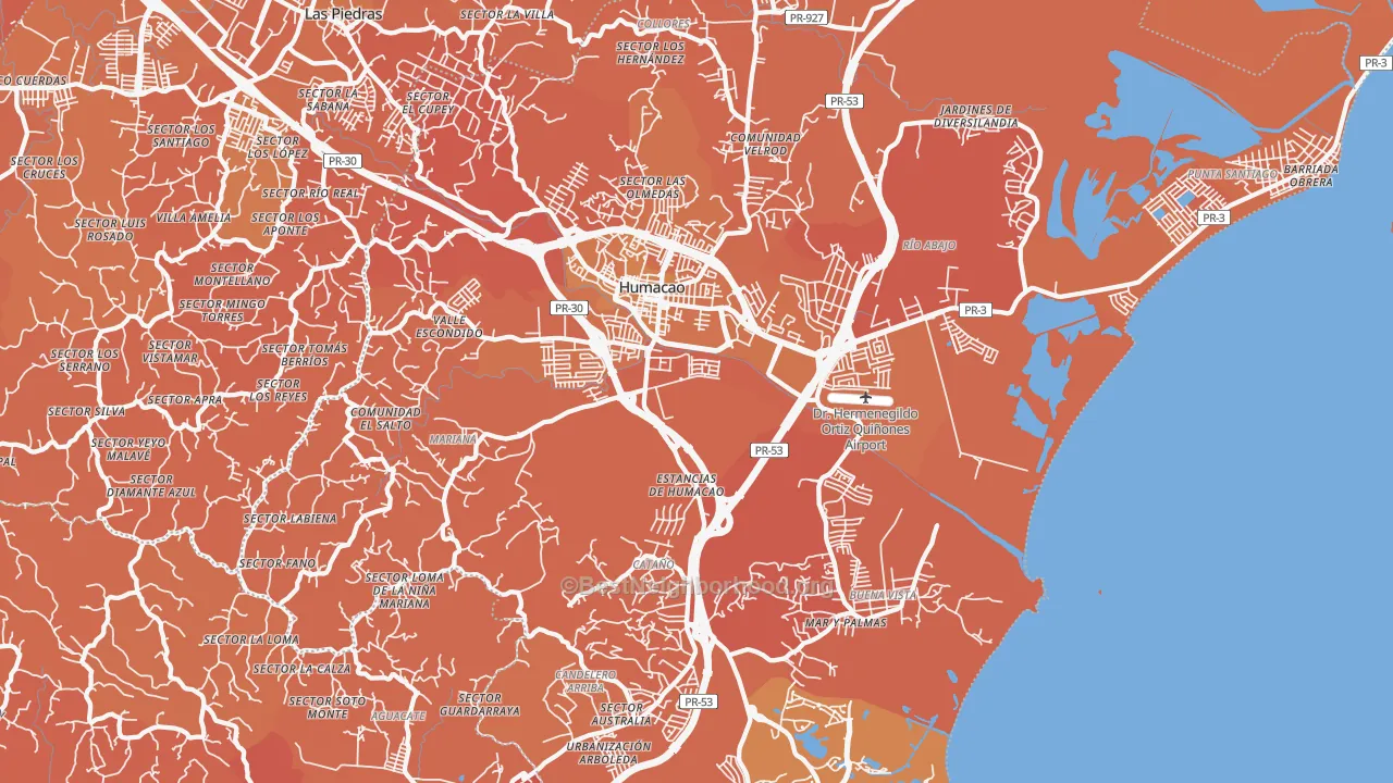 Map of the best neighborhoods in the 00791 area, with better matches in green and worse matches in red