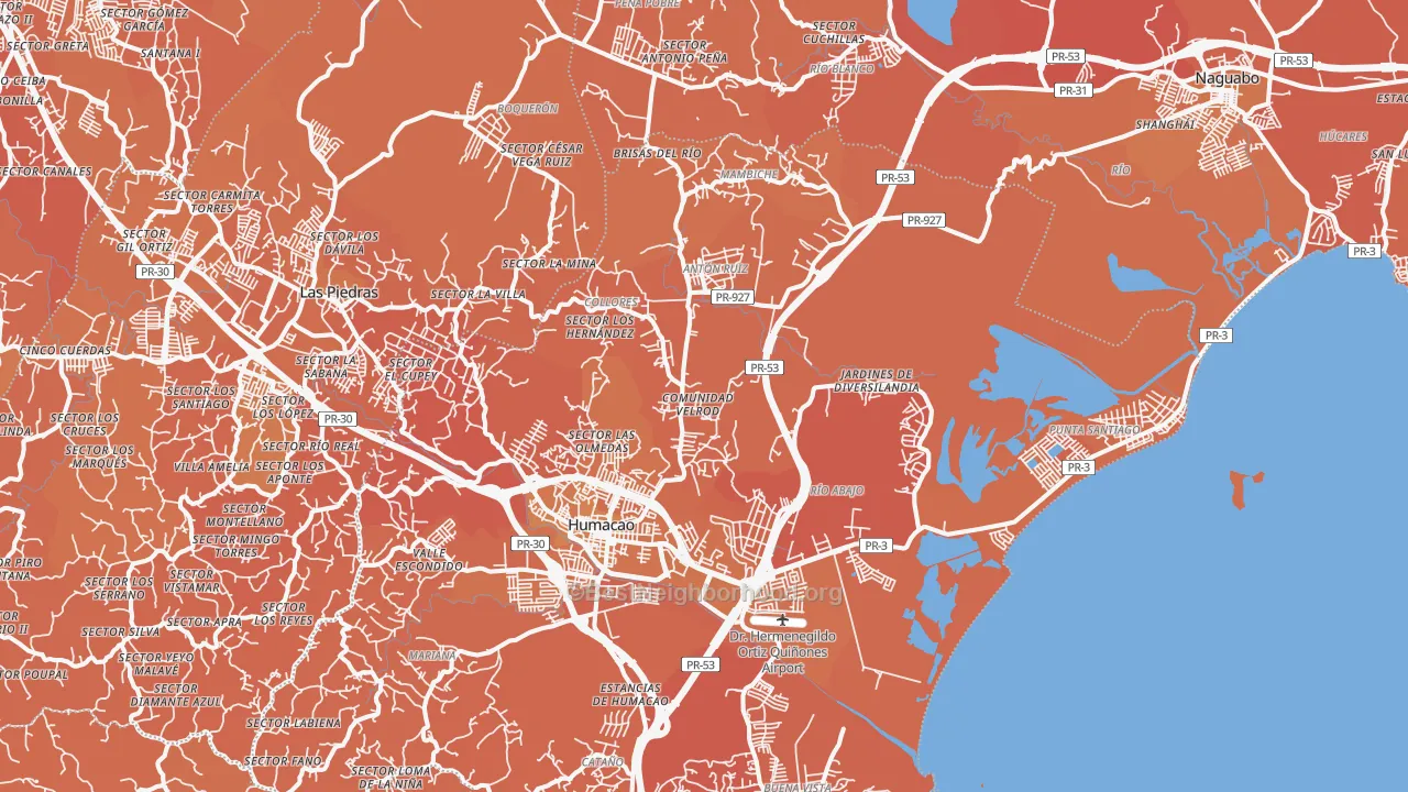 Map of the best neighborhoods in the 00792 area, with better matches in green and worse matches in red