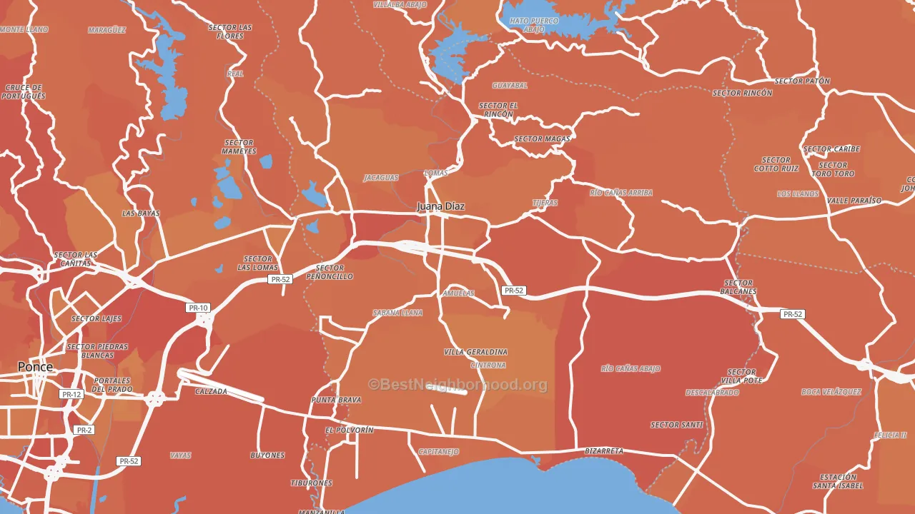 Map of the best neighborhoods in the 00795 area, with better matches in green and worse matches in red