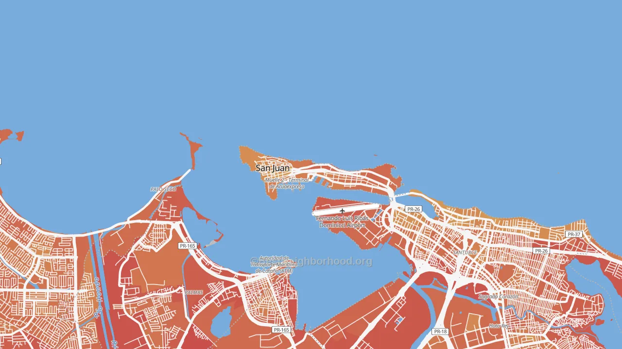 Map of the best neighborhoods in the 00901 area, with better matches in green and worse matches in red