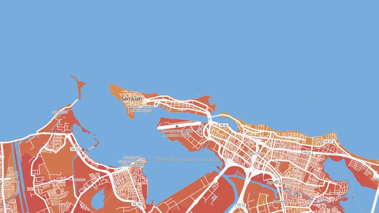 Map of the best neighborhoods in the 00906 area, with better matches in green and worse matches in red