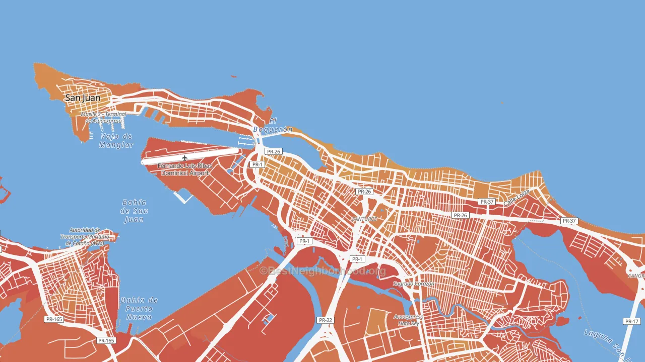 Map of the best neighborhoods in the 00907 area, with better matches in green and worse matches in red