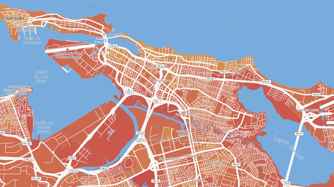 Map of the best neighborhoods in the 00909 area, with better matches in green and worse matches in red
