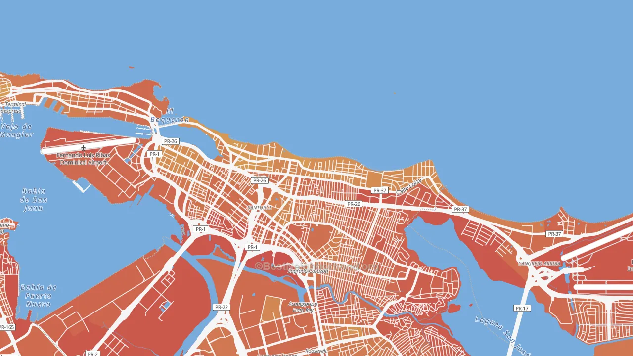 Map of the best neighborhoods in the 00911 area, with better matches in green and worse matches in red
