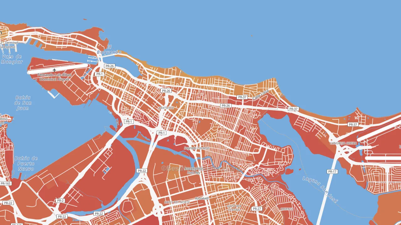 Map of the best neighborhoods in the 00912 area, with better matches in green and worse matches in red