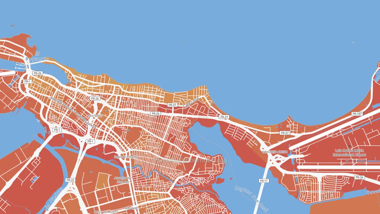 Map of the best neighborhoods in the 00913 area, with better matches in green and worse matches in red
