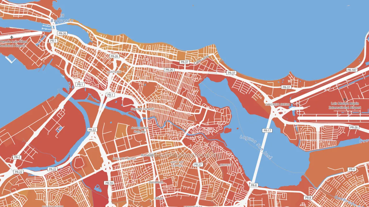 Map of the best neighborhoods in the 00915 area, with better matches in green and worse matches in red