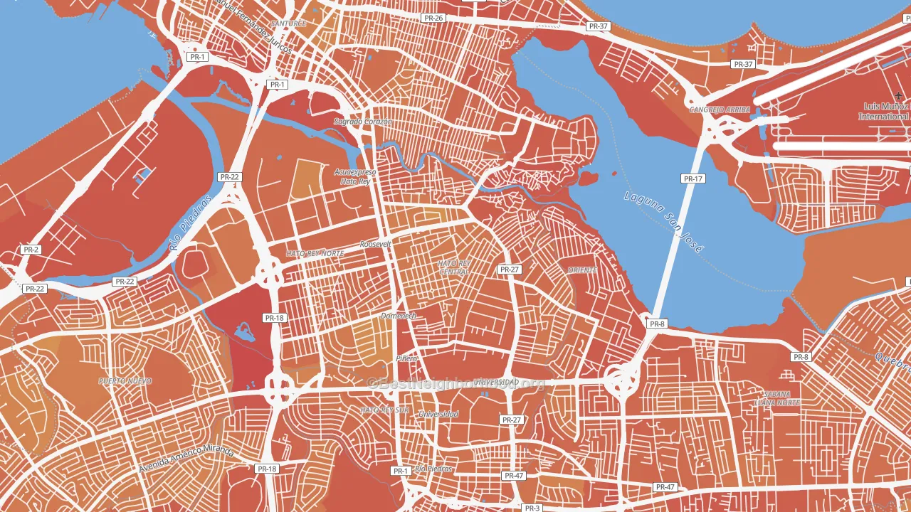 Map of the best neighborhoods in the 00917 area, with better matches in green and worse matches in red