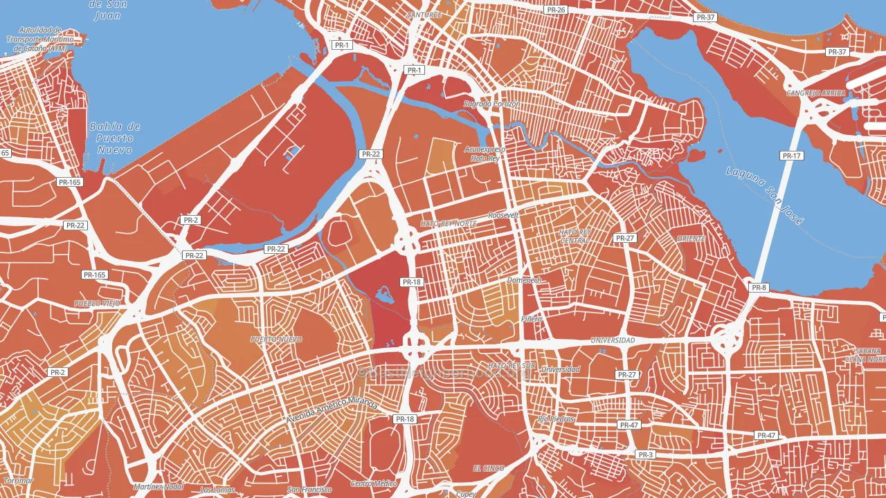 Map of the best neighborhoods in the 00918 area, with better matches in green and worse matches in red