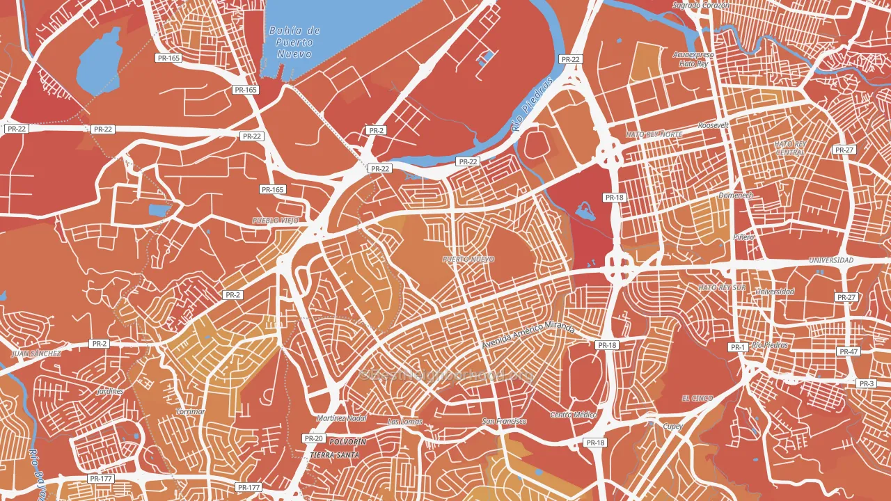 Map of the best neighborhoods in the 00920 area, with better matches in green and worse matches in red