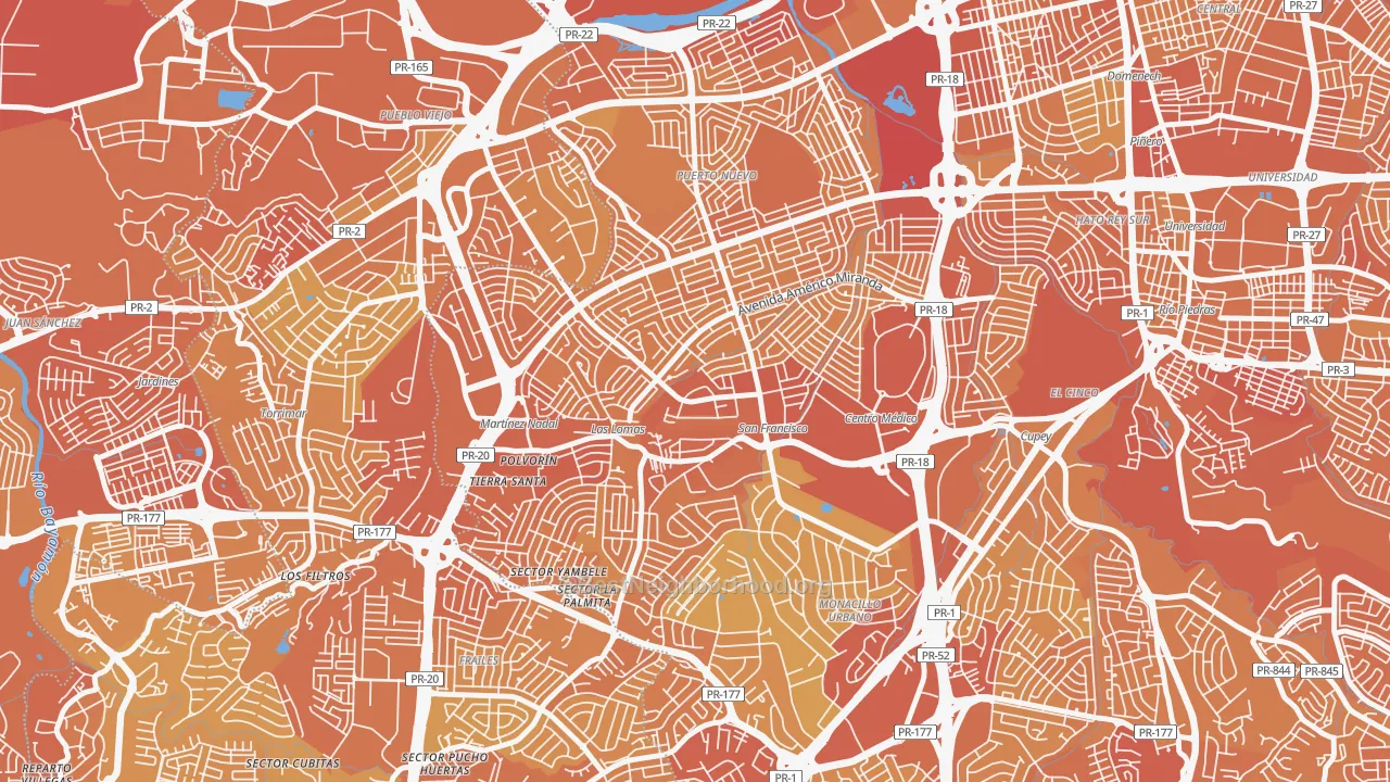 Map of the best neighborhoods in the 00921 area, with better matches in green and worse matches in red