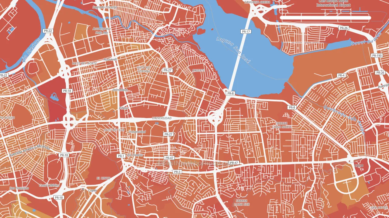 Map of the best neighborhoods in the 00923 area, with better matches in green and worse matches in red
