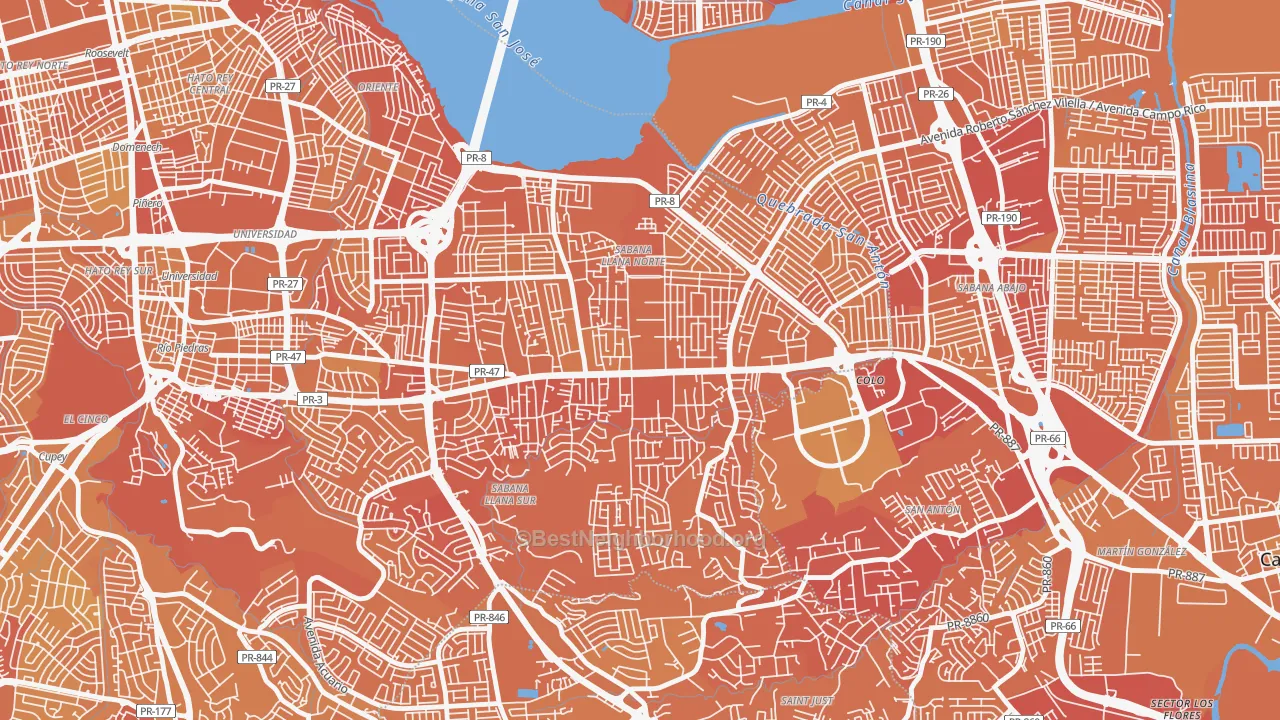 Map of the best neighborhoods in the 00924 area, with better matches in green and worse matches in red