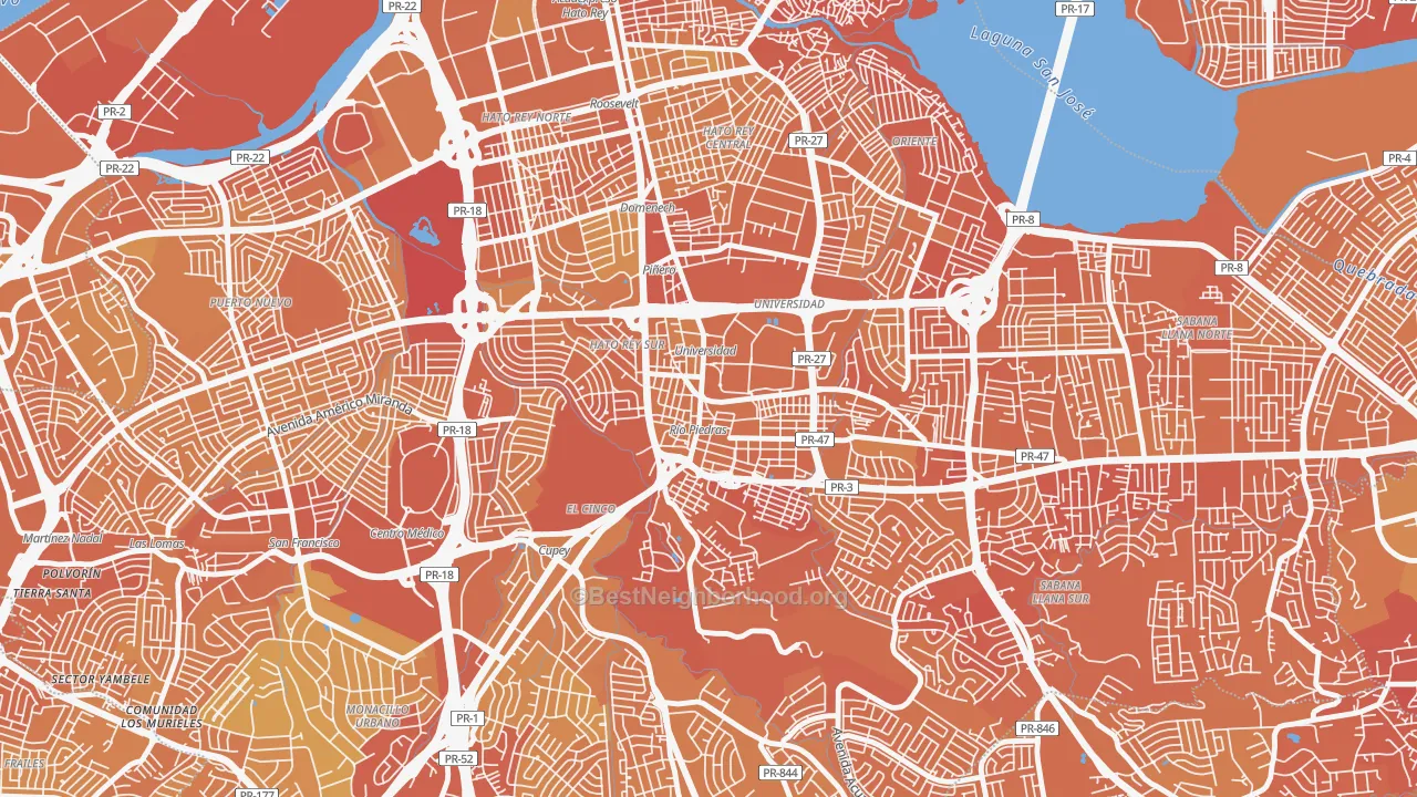 Map of the best neighborhoods in the 00925 area, with better matches in green and worse matches in red
