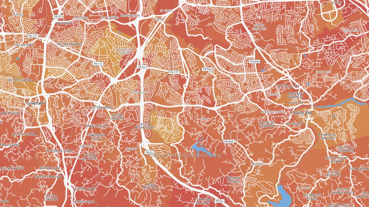 Map of the best neighborhoods in the 00926 area, with better matches in green and worse matches in red