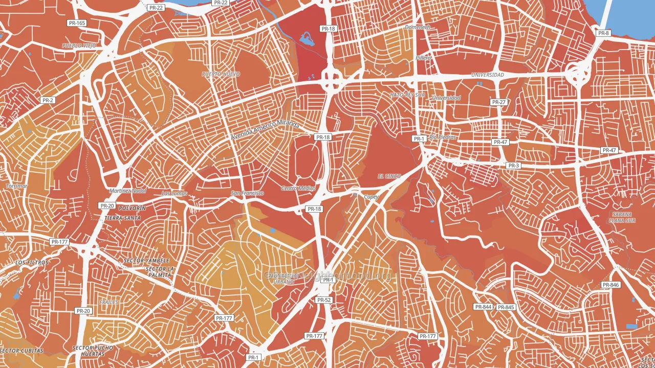 Map of the best neighborhoods in the 00927 area, with better matches in green and worse matches in red