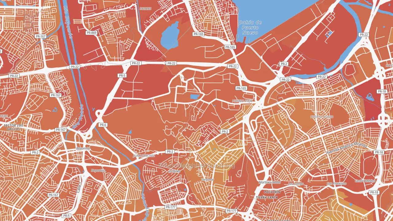 Map of the best neighborhoods in the 00934 area, with better matches in green and worse matches in red