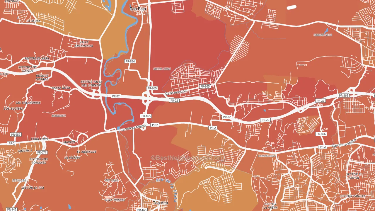 Map of the best neighborhoods in the 00951 area, with better matches in green and worse matches in red